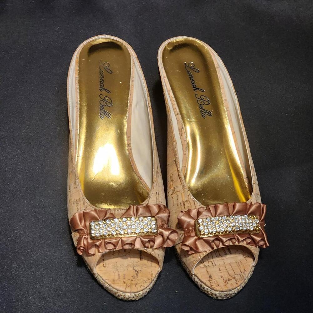 Lunnah Bella Y2K brown & tan cork wedge sandals with ruffled bow and rhinestone